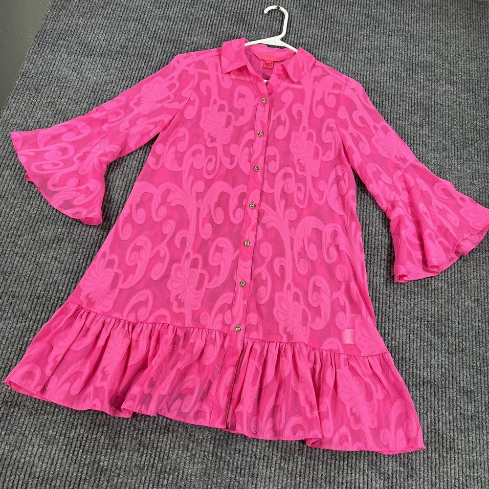 Lilly Pulitzer Dress Womens XXS Pink Button Front Ruffle Sheer Flare Sleeve Boho